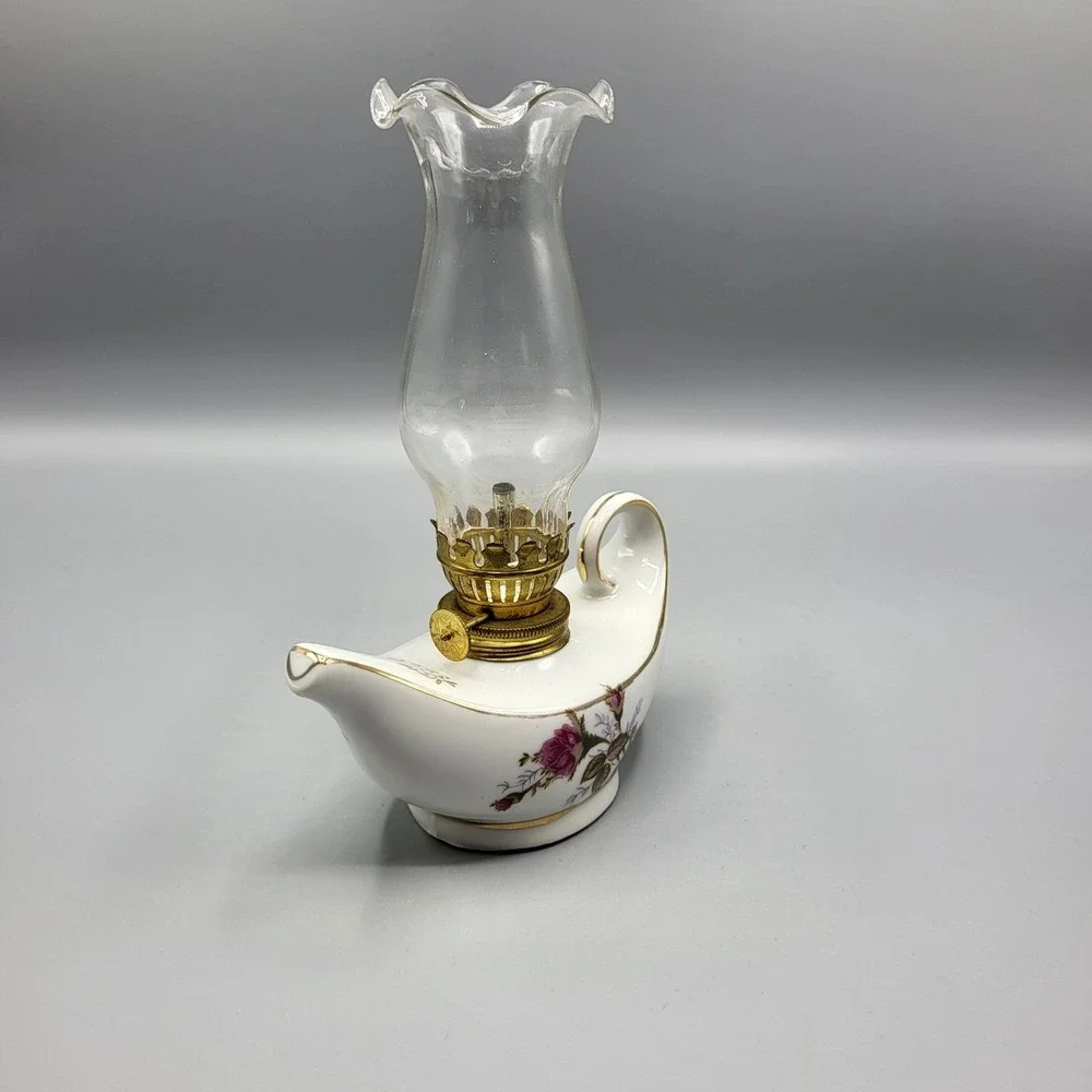 Vtg Genie Aladdin Mini Porcelain Oil Lamp Moss Rose Gold Trim Japan 7.5